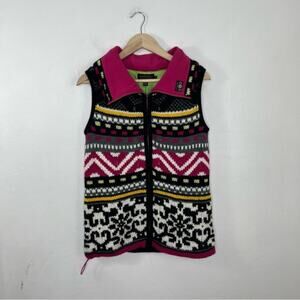 Icelandic Design Woven Full Zip Wool Vest in Pink Black Size Large